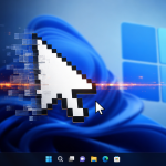 Concept Windows 11 : la mise à jour cumulative KB5120998 fait apparaître un gros curseur de souris rétro à la place du curseur moderne, symbolisant le bug de personnalisation du curseur