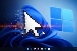 Concept Windows 11 : la mise à jour cumulative KB5120998 fait apparaître un gros curseur de souris rétro à la place du curseur moderne, symbolisant le bug de personnalisation du curseur
