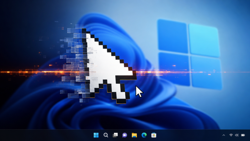 Concept Windows 11 : la mise à jour cumulative KB5120998 fait apparaître un gros curseur de souris rétro à la place du curseur moderne, symbolisant le bug de personnalisation du curseur