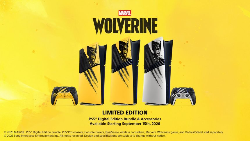 Key art officiel de la PS5 Digital Edition édition limitée Marvel's Wolverine Battle Yellow