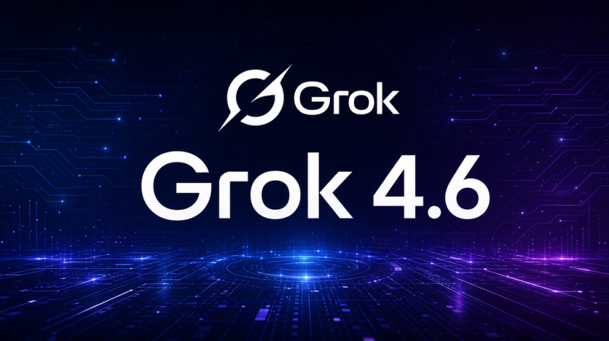 Grok 4.6, logo et nom du modèle flagship de SpaceXAI sur fond techno sombre