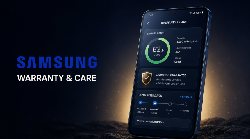 Hub Warranty and Care de One UI 9 sur smartphone Samsung : santé batterie, garantie et réservation de réparation dans les Réglages
