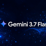 Logo Google Gemini avec le nom du modèle Gemini 3.7 Flash, fond techno sombre