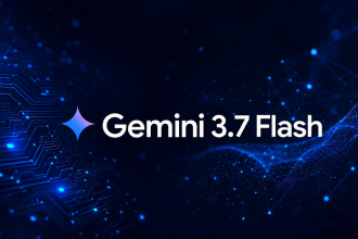 Logo Google Gemini avec le nom du modèle Gemini 3.7 Flash, fond techno sombre