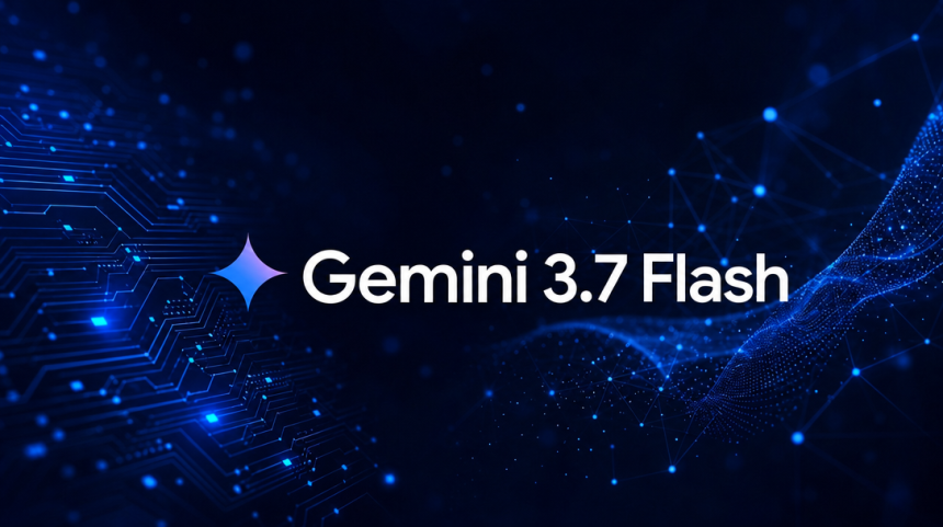 Logo Google Gemini avec le nom du modèle Gemini 3.7 Flash, fond techno sombre