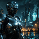 Concept RoboCop chrome sur fond de Détroit cyberpunk de nuit, la série Prime Video