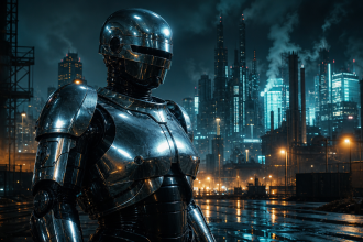 Concept RoboCop chrome sur fond de Détroit cyberpunk de nuit, la série Prime Video