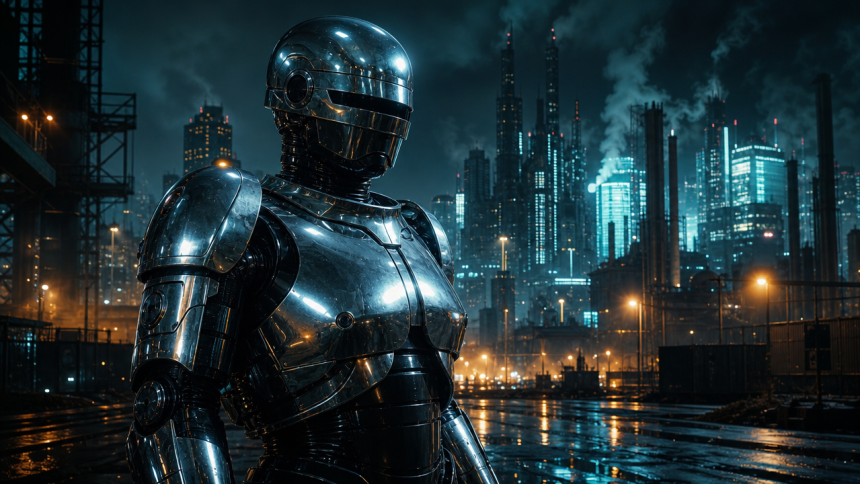 Concept RoboCop chrome sur fond de Détroit cyberpunk de nuit, la série Prime Video