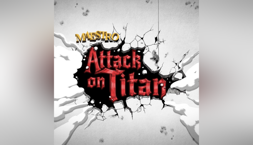 Key art officiel du DLC Attack on Titan pour Maestro VR, crossover entre le jeu de rythme et l'anime
