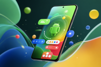 Concept smartphone Android avec interface colorée abstraite, mise à jour Android 17