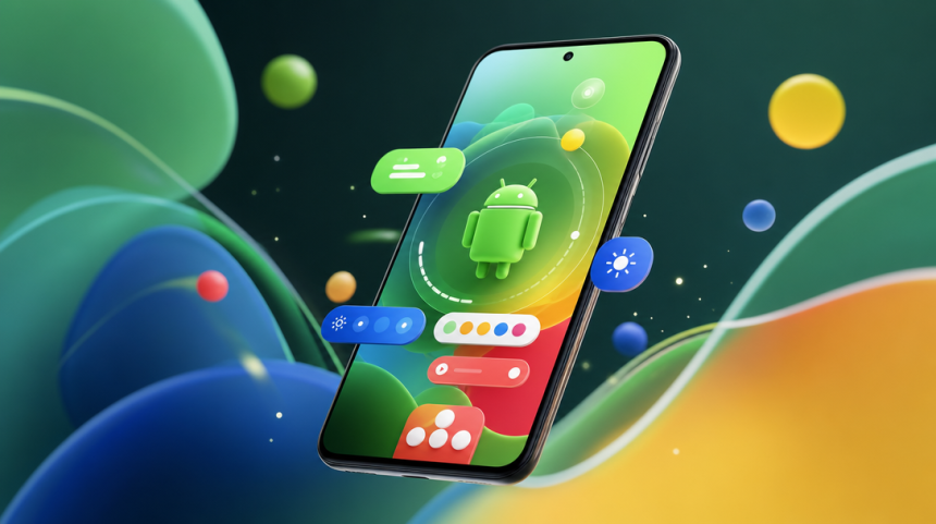 Concept smartphone Android avec interface colorée abstraite, mise à jour Android 17