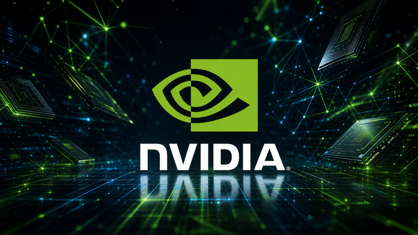 Concept : logo officiel NVIDIA sur fond techno sombre, réseaux neuronaux et GPU, illustration de l'investissement de 6 milliards de dollars dans Poolside pour un modèle open-weight rival d'OpenAI et DeepSeek