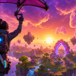 Personnage vu de dos avec pioche au dos, plane vers une île flottante au coucher du soleil, Fortnite Chapter 7 Season 4