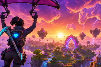 Personnage vu de dos avec pioche au dos, plane vers une île flottante au coucher du soleil, Fortnite Chapter 7 Season 4
