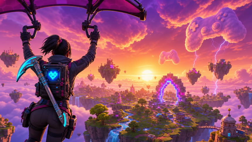 Personnage vu de dos avec pioche au dos, plane vers une île flottante au coucher du soleil, Fortnite Chapter 7 Season 4