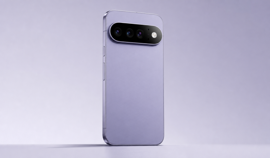 Smartphone Google Pixel 11 Pro, vue arrière avec barre photo transversale