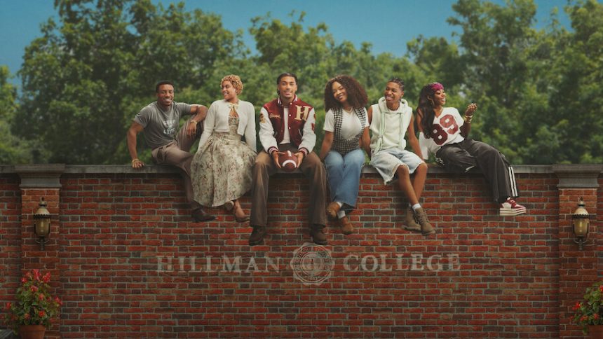 Affiche officielle Netflix de la suite de A Different World : les étudiants de Hillman College devant le mur du campus