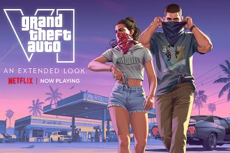 GTA 6 Extended Look sur Netflix : key art officiel avec Lucia et Jason devant la skyline de Vice City au coucher du soleil