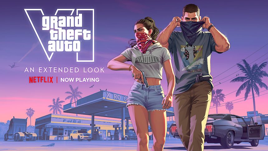 GTA 6 Extended Look sur Netflix : key art officiel avec Lucia et Jason devant la skyline de Vice City au coucher du soleil