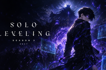 Affiche concept de la saison 3 de Solo Leveling avec Sung Jinwoo, fenêtre de sortie 2027