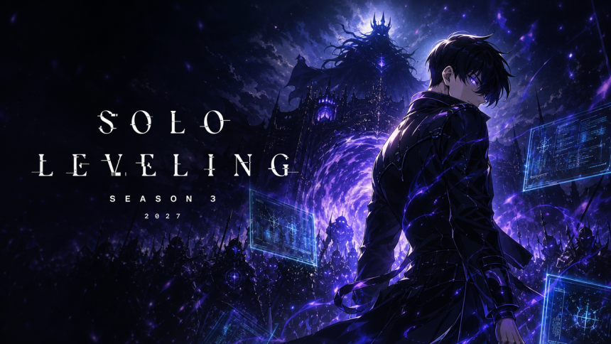 Affiche concept de la saison 3 de Solo Leveling avec Sung Jinwoo, fenêtre de sortie 2027
