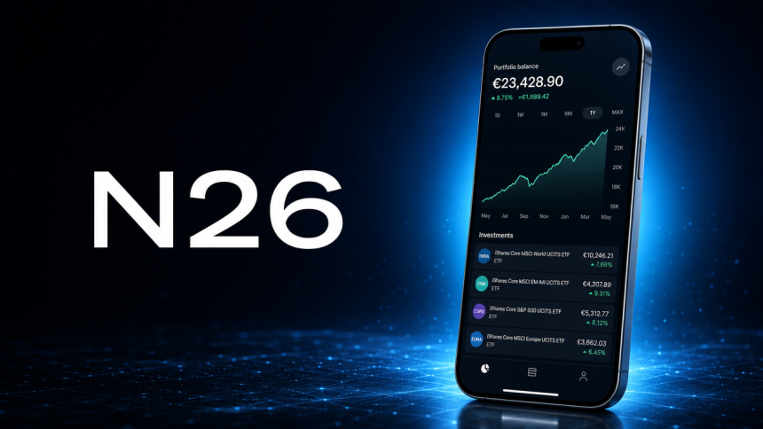 N26, application d'investissement mobile avec portefeuille ETF et graphique haussier