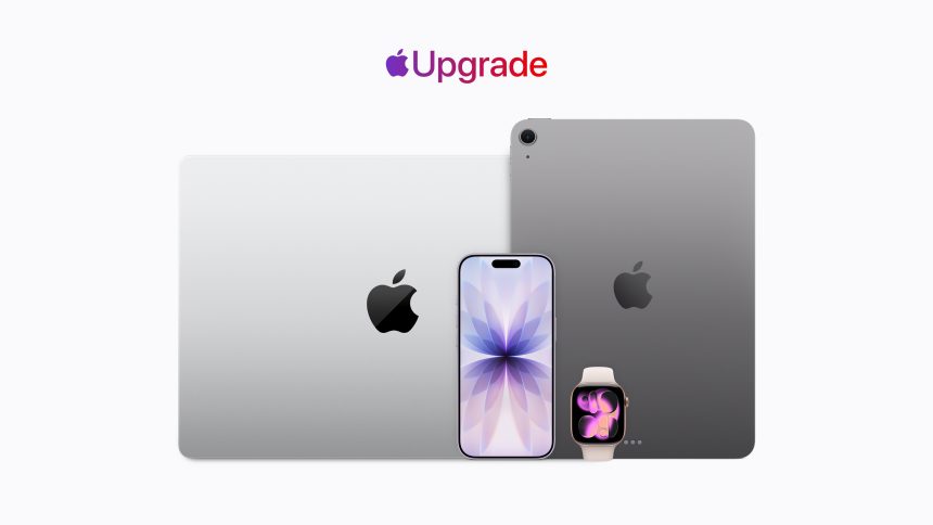 Visuel officiel Apple Upgrade : iPhone, Mac, iPad et Apple Watch, programme de location mensuelle via Klarna