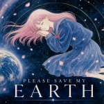 Affiche key art 16:9 du manga culte Please Save My Earth adapté en série live-action Prime Video, fille aux cheveux roses dans l'espace