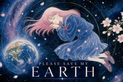 Affiche key art 16:9 du manga culte Please Save My Earth adapté en série live-action Prime Video, fille aux cheveux roses dans l'espace