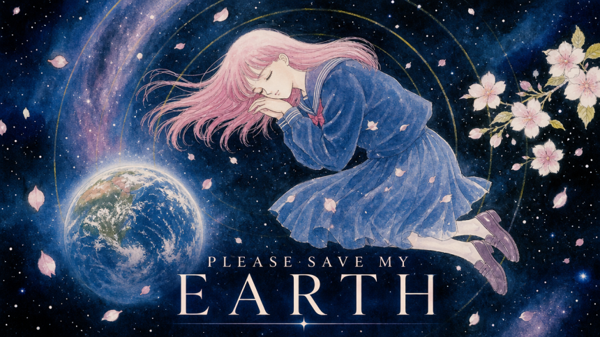 Affiche key art 16:9 du manga culte Please Save My Earth adapté en série live-action Prime Video, fille aux cheveux roses dans l'espace