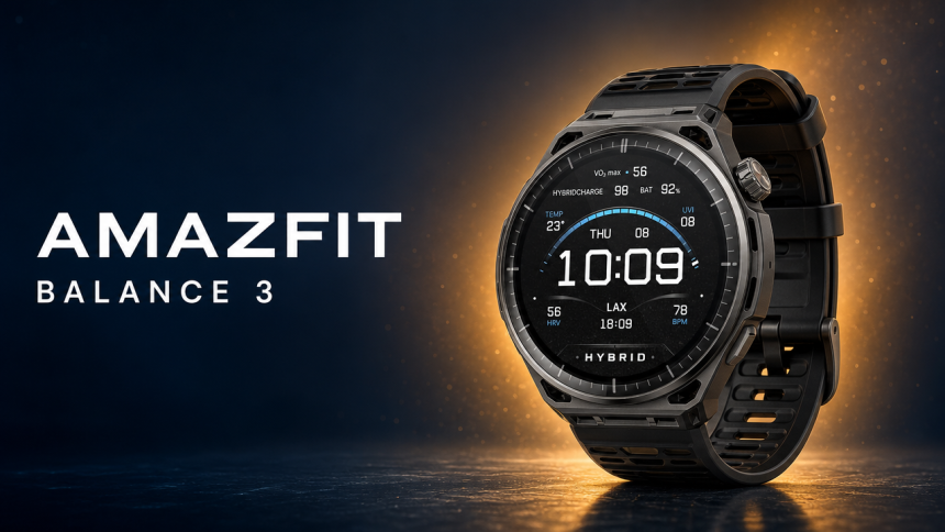 Amazfit Balance 3 Titanium, montre connectée premium en titane Grade 5 avec marque AMAZFIT et halo ambré sur fond bleu nuit