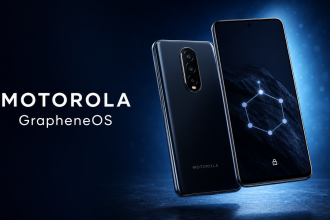 Smartphone Motorola au dos avec écran affichant l'interface sobre GrapheneOS (cadenas, fond sombre, sans services Google), légende MOTOROLA et GrapheneOS sur fond bleu nuit sécuritaire