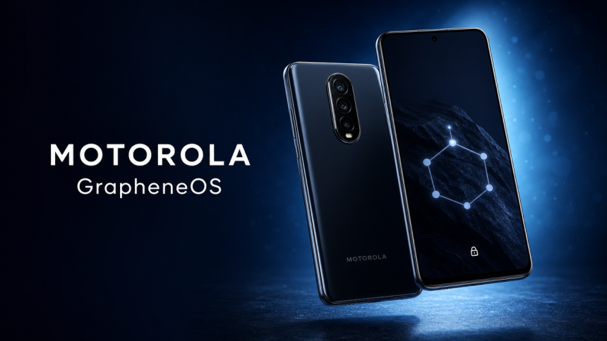 Smartphone Motorola au dos avec écran affichant l'interface sobre GrapheneOS (cadenas, fond sombre, sans services Google), légende MOTOROLA et GrapheneOS sur fond bleu nuit sécuritaire