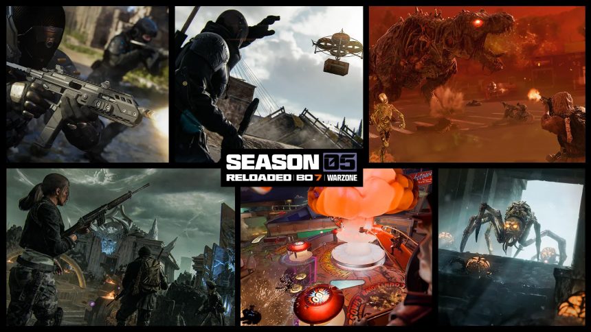 Key art officiel de Call of Duty Black Ops 7 Season 05 Reloaded, avec Rex Infernus et les créatures Zombies