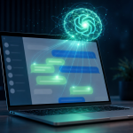 Concept : le logo ChatGPT en orbite lumineuse au-dessus d'un MacBook affichant une interface de messagerie iMessage, symbolisant le plugin Apple Messages qui permet à l'IA de lire et piloter les conversations