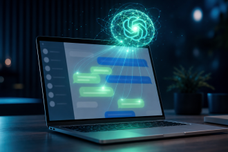 Concept : le logo ChatGPT en orbite lumineuse au-dessus d'un MacBook affichant une interface de messagerie iMessage, symbolisant le plugin Apple Messages qui permet à l'IA de lire et piloter les conversations