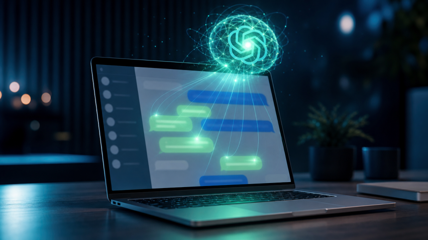 Concept : le logo ChatGPT en orbite lumineuse au-dessus d'un MacBook affichant une interface de messagerie iMessage, symbolisant le plugin Apple Messages qui permet à l'IA de lire et piloter les conversations