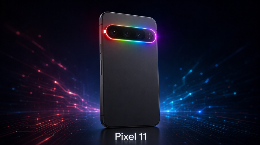 Concept du Google Pixel 11 dévoilé au Made by Google 2026, barre caméra avec bande lumineuse RGB Pixel Glow