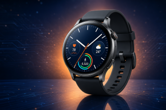 Samsung Galaxy Watch 8 avec l'interface One UI 9 Watch sur fond bleu nuit, programme bêta de Wear OS 7