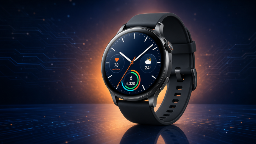 Samsung Galaxy Watch 8 avec l'interface One UI 9 Watch sur fond bleu nuit, programme bêta de Wear OS 7