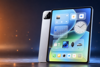 Xiaomi Pad 8 affichant l'interface HyperOS 4 Soft Light Glass, visuel concept du premier build stable