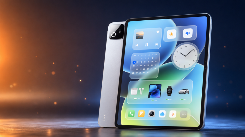 Xiaomi Pad 8 affichant l'interface HyperOS 4 Soft Light Glass, visuel concept du premier build stable