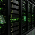 Concept : racks de serveurs IA Nvidia avec GPU et mémoire HBM dans un data center, éclairage LED vert, illustration de la hausse des prix des accélérateurs IA