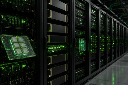 Concept : racks de serveurs IA Nvidia avec GPU et mémoire HBM dans un data center, éclairage LED vert, illustration de la hausse des prix des accélérateurs IA