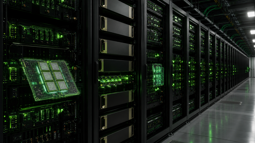 Concept : racks de serveurs IA Nvidia avec GPU et mémoire HBM dans un data center, éclairage LED vert, illustration de la hausse des prix des accélérateurs IA