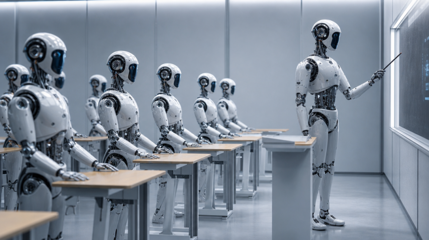 Première école de robots humanoïdes en Chine — robots alignés en salle de classe