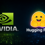 Logos officiels NVIDIA et Hugging Face côte à côte sur fond techno sombre, illustration du rachat de Hugging Face par Nvidia pour 12,9 milliards de dollars