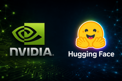 Logos officiels NVIDIA et Hugging Face côte à côte sur fond techno sombre, illustration du rachat de Hugging Face par Nvidia pour 12,9 milliards de dollars