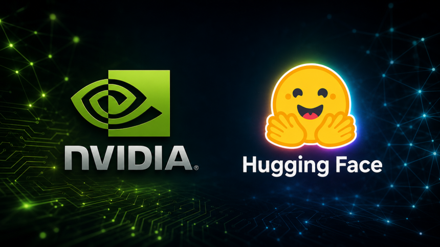 Logos officiels NVIDIA et Hugging Face côte à côte sur fond techno sombre, illustration du rachat de Hugging Face par Nvidia pour 12,9 milliards de dollars