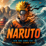 Concept key art Naruto : ninja en combinaison orange face au village de Konoha, annonce New York Comic Con le 10 octobre 2026